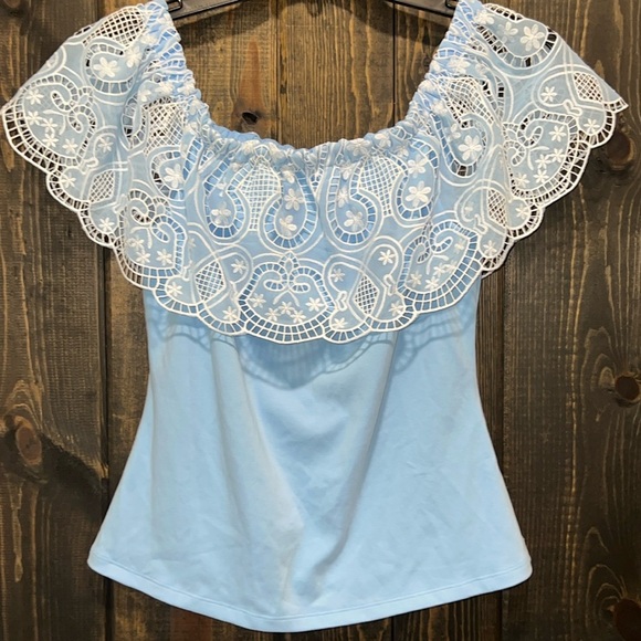 Boston Proper Tops - Boston Proper Two Tone Lace Overlay Top M Blue White NWT Boho Off Shoulder Girly